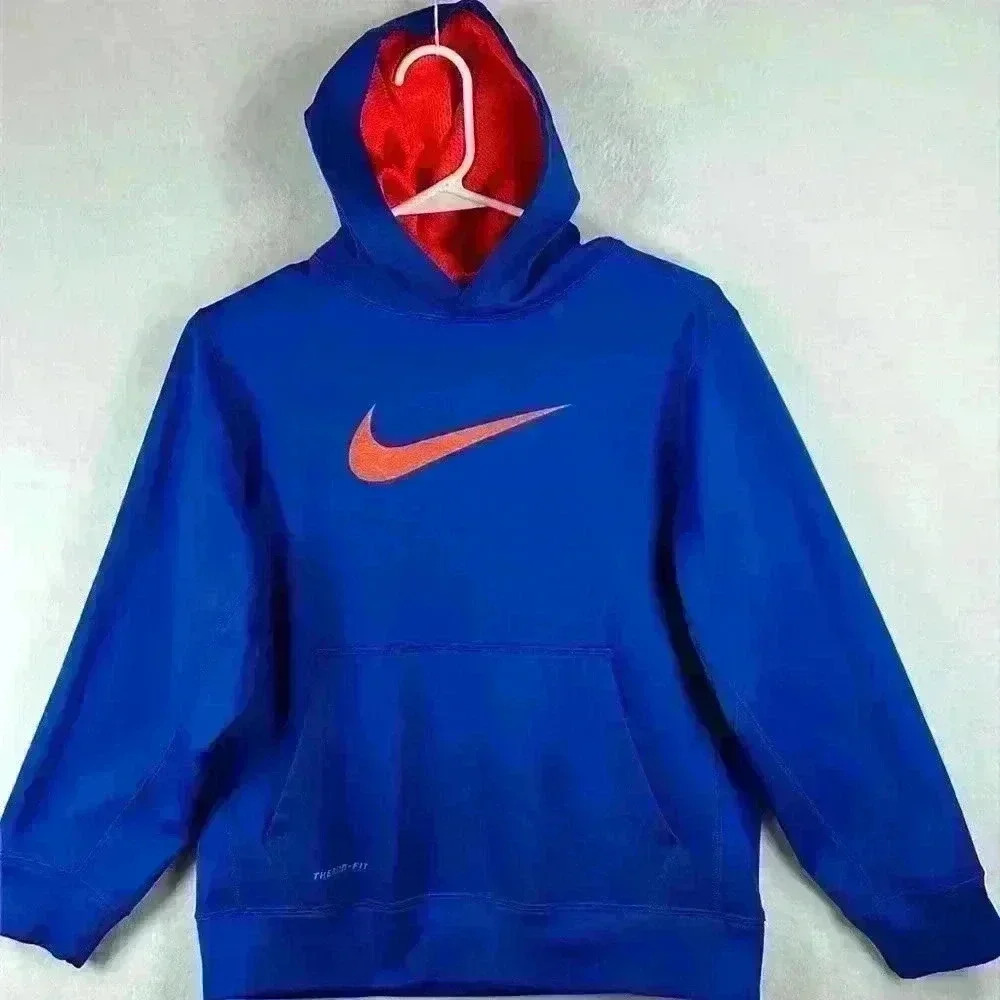 Nike Therma-Fit Boy’s Pullover Hoodie Sweatshirt Sz Large Blue/Orange Polyester